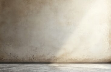 Poster - An empty room with a textured beige wall and a concrete floor, illuminated by soft natural light from the right.