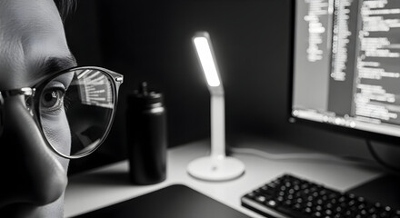 Focused Programmer Coding Late Night Working With Computer And Glasses Reflection