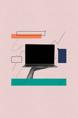 Fototapete - Vertical zine image artwork collage of hand hold laptop device communication speech messenger icon bubble notification sms