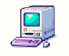 Poster - Pixel art vector illustration of a retro computer. The style is nostalgic and 8-bit, using pastel colors like light blue, purple, and cream, with blocky geometric shapes and clear pixel outlines.