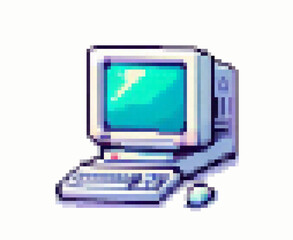 Poster - Pixel art vector illustration of a retro computer. The style is nostalgic and 8-bit, using pastel colors like light blue, purple, and cream, with blocky geometric shapes and clear pixel outlines.