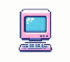 Poster - Pixel art vector illustration of a retro desktop computer in pastel pink and blue tones. The 8-bit style uses geometric square shapes and bold outlines, evoking a vintage technology nostalgic theme.