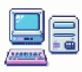 Poster - Vector illustration in pixel art style shows a retro computer setup with a monitor, keyboard, and tower, using pastel blue, pink, and white colors with simple geometric, blocky shapes.