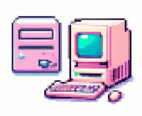 Poster - Pixel art vector illustration of a retro desktop computer in pastel pink and blue tones. The 8-bit style uses geometric square shapes and bold outlines, evoking a vintage technology nostalgic theme.