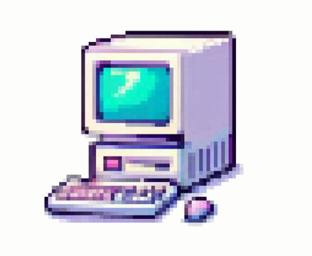Pixel art vector illustration of a retro computer. The style is nostalgic and 8-bit, using pastel colors like light blue, purple, and cream, with blocky geometric shapes and clear pixel outlines.