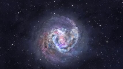Galaxy exploration through outer space towards glowing milky way galaxy.	
