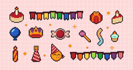 Poster - Pixels Y2k funny playful birthday art set of presents and gifts on holidays events. Cute bright party icons. Vector illustration