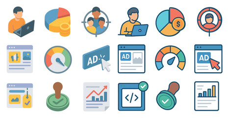 Poster - Marketing and analysis icons set – flat, filled, business and data tracking visuals