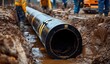 © flow art 7 - Workers install a large black pipeline in a muddy trench at a construction site.