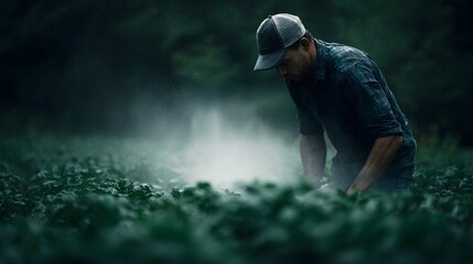 Poster - Farmer spraying natural fertilizer on crops in a lush misty field