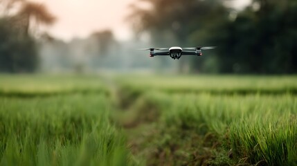 Poster - Drone flying over lush rice fields for precision crop monitoring