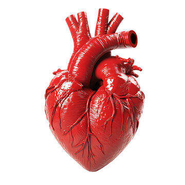 Anatomically correct shiny red heart model with arteries and veins displayed isolated on white or transparent png in a studio setting, showcasing its detailed structure.