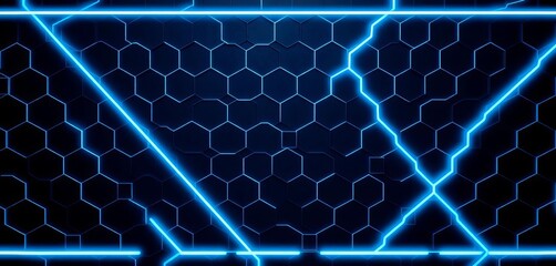 Wall Mural - Sleek dark honeycomb background with vibrant blue neon lines, signifying technological network, elegant, connectivity