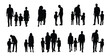 © Rocky - Silhouette of parents with children, family walking and talking poses, black vector figures on white background, perfect for parenting, education, and social campaign designs
