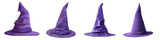 Collection of Witch hats, purple color, 2D animatic style, isolated on white or transparent background