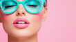 © sommersby - Glamorous close-up of a woman in bright teal polka dot shades with bold pink makeup, perfect for beauty product advertisement or a trendy summer poster.