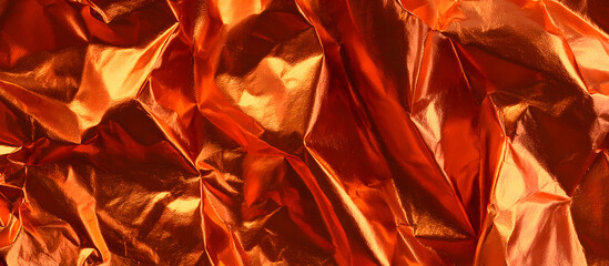 Poster - Vibrant glossy orange foil with crinkled folds creating an abstract texture with depth and dynamic light reflections in warm tones