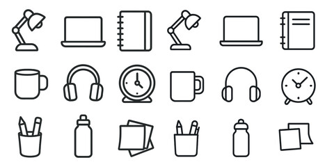 Poster - Office supplies outline icons set – line, linear, stationery and work essentials