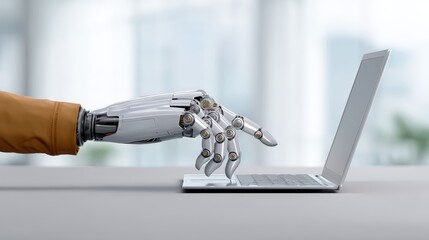 Poster - Robotic Hand Typing at Laptop in Modern Workspace Setting