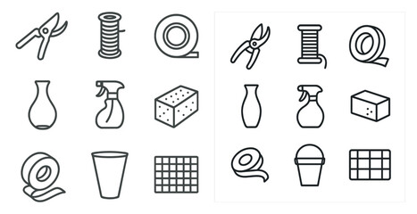 Poster - Gardening and cleaning outline icons set – line, silhouette, tools and supplies symbols