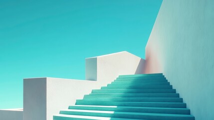 Poster - Abstract teal staircase ascending against a bright blue sky and white architectural forms.