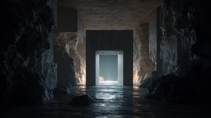 Poster - Conceptual Sealed Chamber with Faintly Glowing Light in Darkness