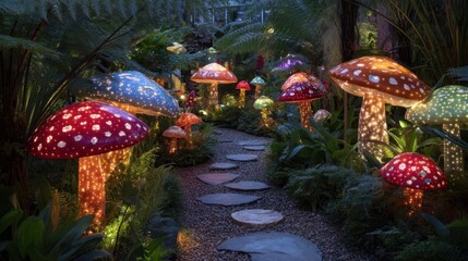 Poster - Enchanted Garden with Glowing Mushrooms in Fairytale Setting
