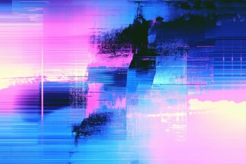 Fototapete - Abstract digital art with glitch effects in vibrant blue, pink, and purple tones, featuring horizontal and vertical lines creating a futuristic, distorted visual pattern.