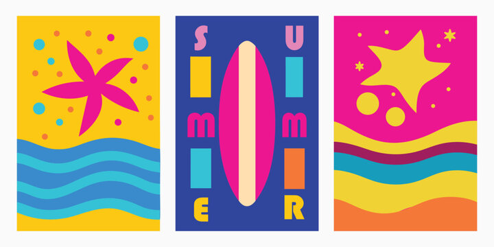 Set of colorful abstract Summer vector posters. Modern flat graphic with starfish, waves, surfboard, sun, star, and bold text. Bright art for print, wall decor, and travel branding.