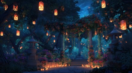 Poster - Enchanting Night Garden with Glowing Lanterns in Serene Atmosphere