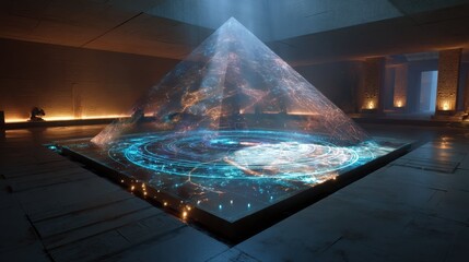 Poster - Futuristic Interior Scene with Holographic Pyramid Projection