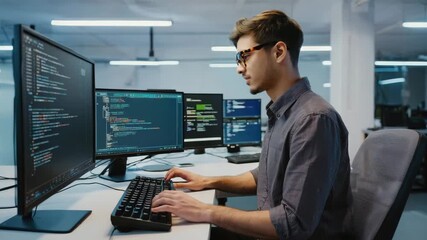 Poster - Focused Programmer Working Software Coding Multi Monitor Computer Setup Modern Office Technology