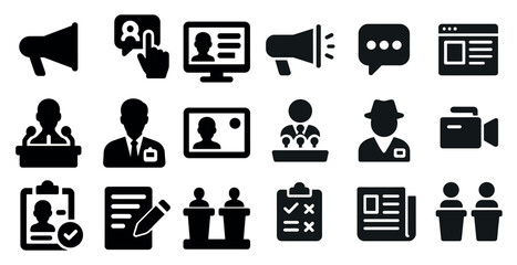 Poster - Business communication solid icons set – flat, filled, corporate and networking symbols