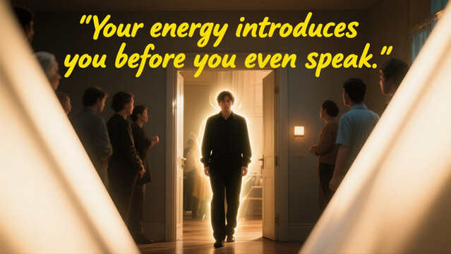 A man walks into a room with a quote on the wall that says 
