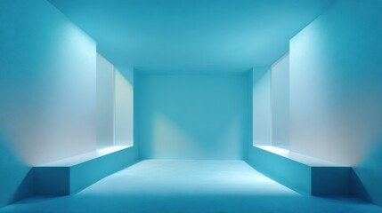 Poster - A minimalistic blue room with soft lighting and empty space, perfect for modern design concepts and creative projects.