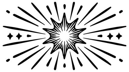Aufkleber - Black and white illustration of a starburst with rays and small stars on a white background created with generated ai
