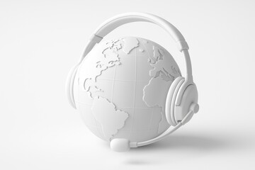 Poster - Global Support: A conceptual representation of a world globe, elegantly adorned with a modern headset, symbolizing global customer support and international communication.
