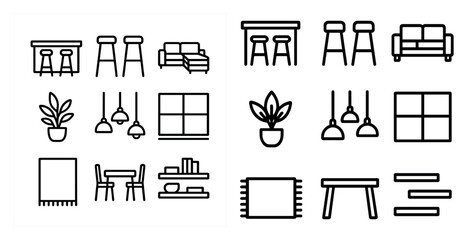 Poster - Home and furniture outline icons set – minimalist, decor items and interior symbols