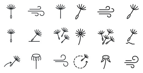 Poster - Dandelion and nature line icons set – outline, flat, botanical and floral symbols