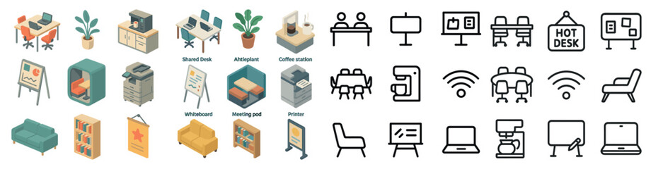 Poster - Office and workspace icons set – isometric, outline, business and productivity symbols