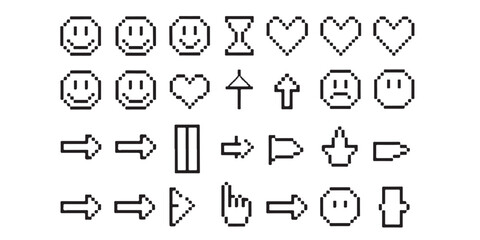 Poster - A collection of pixelated icons including smiley faces hearts arrows and a hand pointer all in black and white