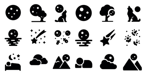 Poster - Nighttime and celestial silhouette icons set – solid, filled, moon and star symbols