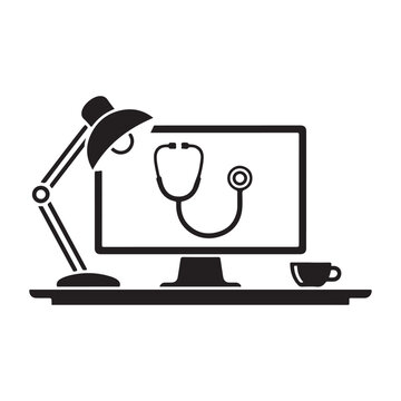 Modern digital healthcare concept featuring a stethoscope on a computer screen with a desk lamp and coffee