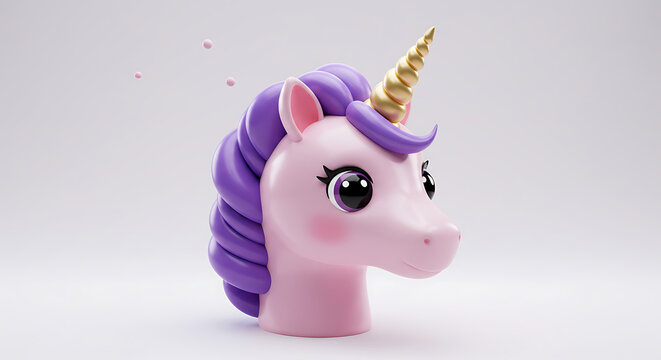 Adorable pink unicorn head 3d render with purple mane and gold horn