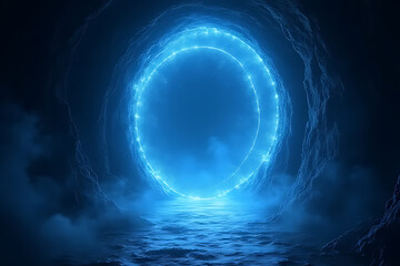 Aufkleber - Glowing blue portal within a cavernous space above a water surface with a bright circular light and dark rock formations