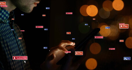 Poster - Holding smartphone, person interacting with image buttons over blurred lights
