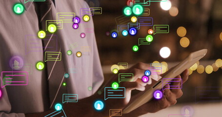Poster - Using tablet, person in school with colorful image of social media notifications