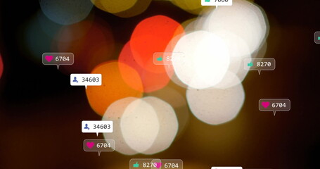 Poster - Image of colorful bokeh lights with social media notification icons floating