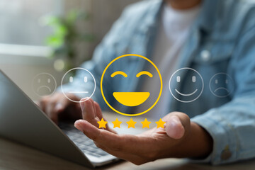 Canvas Print - Online customer satisfaction Survey service concept, client rate service from experience in application,Consumer give five-Stars and feedback review for quality, Business reputation ranking from buyer