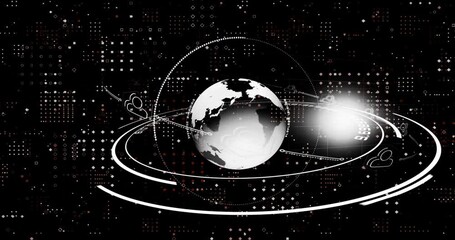 Poster - Black grid starting globe forming rings spinning node pulsing, icons circling showing data network
